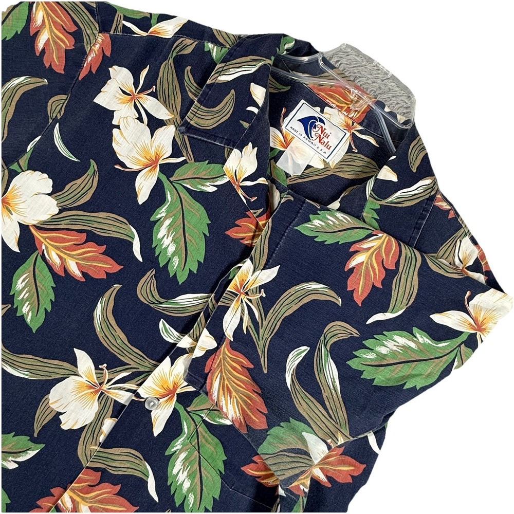 Vintage Nui Nalu‎ Mens Hawaiian Shirt Reverse Print Floral USA made in Hawaii L